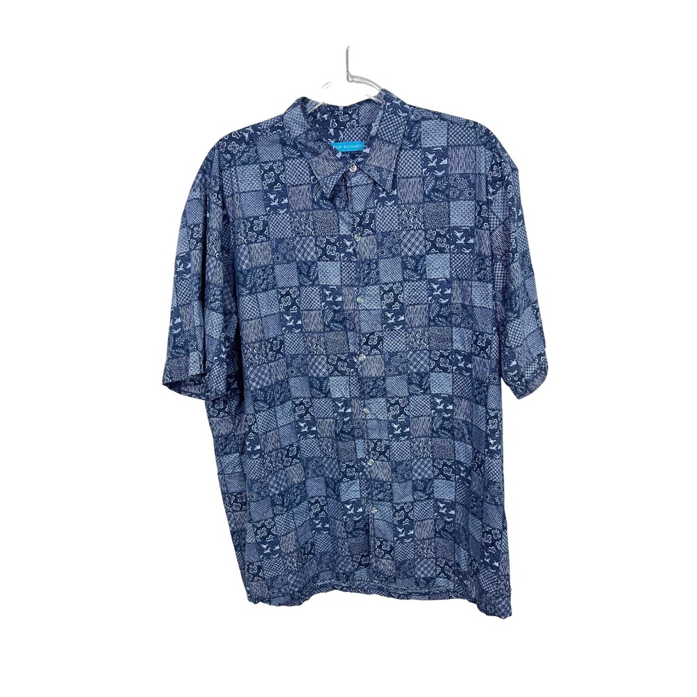 Tori Richard Button Down Shirt Mens XLT Blue Patchwork Cotton Lawn Hawaii